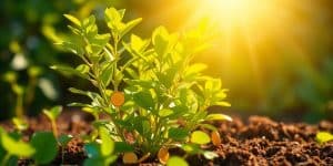 Growing plant with coins sprouting from leaves.
