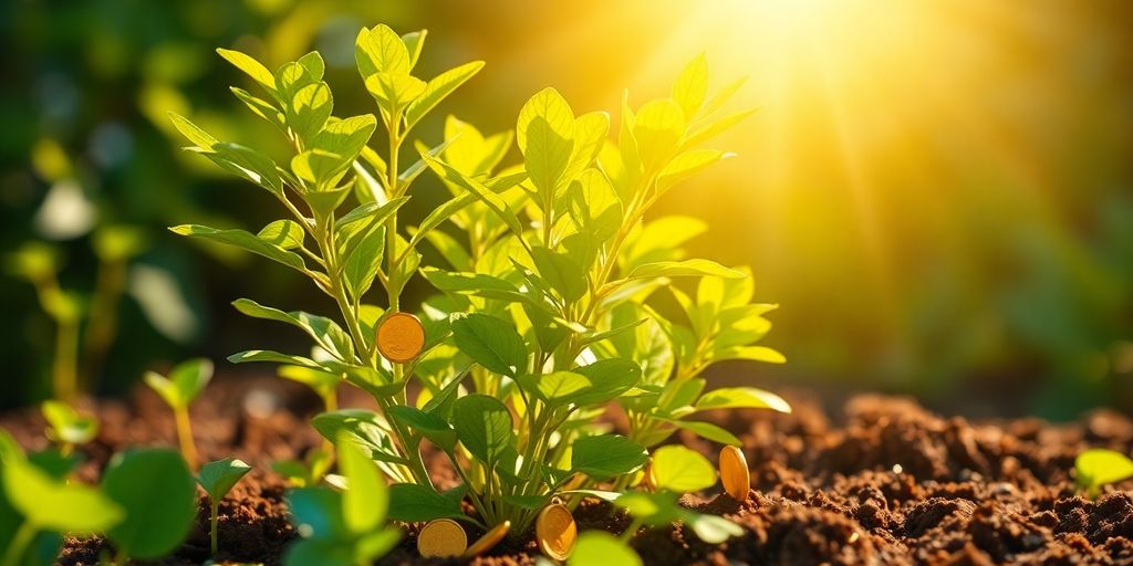 Growing plant with coins sprouting from leaves.