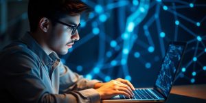 Person using a laptop with glowing digital connections.
